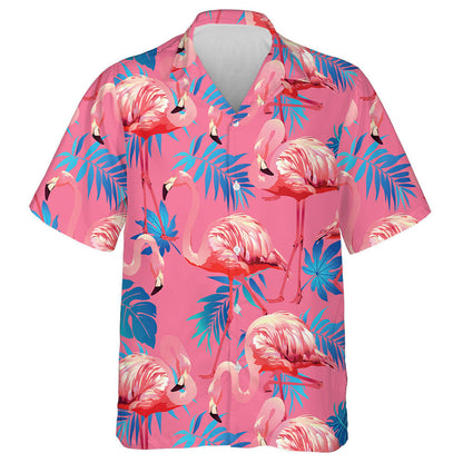 Rosa Flamingo mit blauen Aralia und Areca Blättern Hawaiihemd, Hawaiihemd Geschenk, Weihnachtsgeschenk