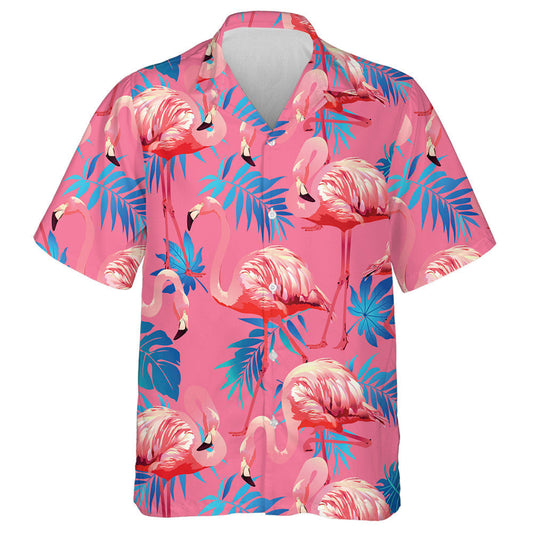 Rosa Flamingo mit blauen Aralia und Areca Blättern Hawaiihemd, Hawaiihemd Geschenk, Weihnachtsgeschenk