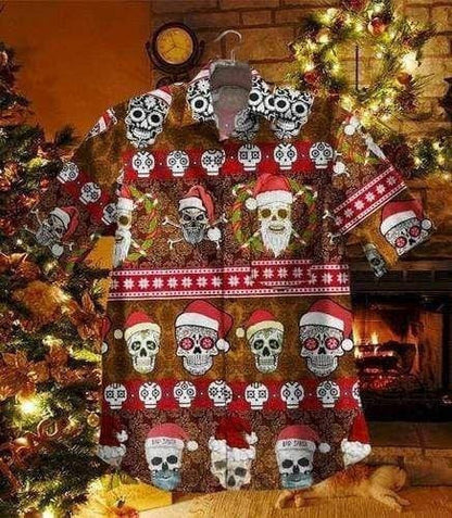 Skull Santa Claus Candy Christmas Themed Vintage Style Design Hawaiian Shirt, Hawaiian Shirt Gift, Christmas Gift