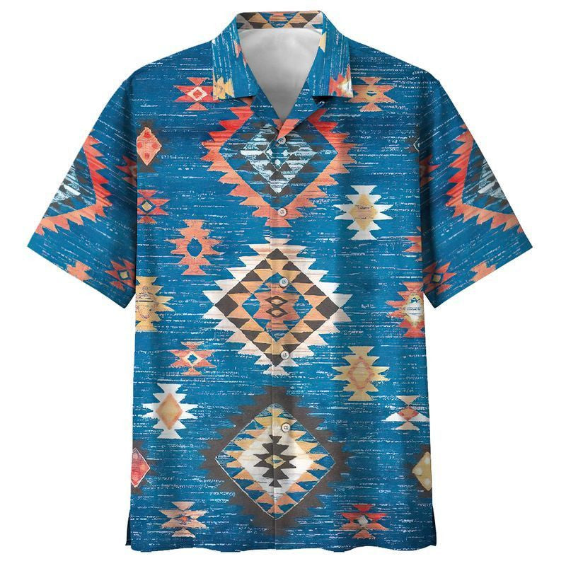 Native American Hawaiian Shirt Brilliant Triangle Pattern Blue Background, Hawaiian Shirt Gift, Christmas Gift