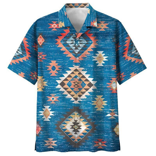 Native American Hawaiian Shirt Brilliant Triangle Pattern Blue Background, Hawaiian Shirt Gift, Christmas Gift