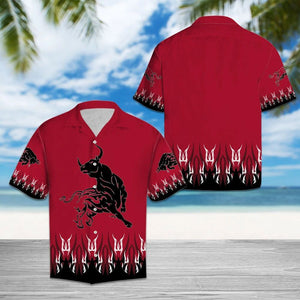 Amazing Bull Tattoo On Red Background Pattern Hawaiian Shirt, Hawaiian Shirt Gift, Christmas Gift