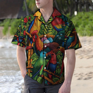 Parrot With Rooster In Tropical Jungle Hawaiian Shirt,Hawaiian Shirt Gift, Christmas Gift