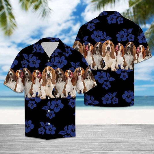 Awesome Basset Hound Tropical Hibiscus On Black Pattern Hawaiian Shirt, Hawaiian Shirt Gift, Christmas Gift