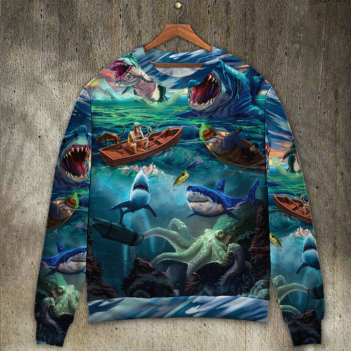 Fishing Shark Crazy Art Style Ugly Christmas Sweater, Christmas Gift, Gift Christmas 2024