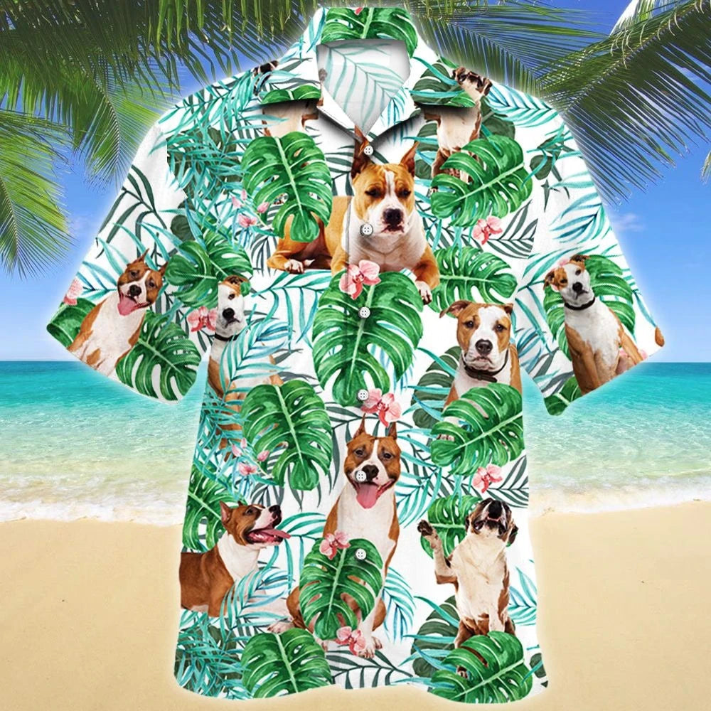 Awesome American Staffordshire Terrier Dog Tropical Plant Pattern Hawaiian Shirt, Hawaiian Shirt Gift, Christmas Gift