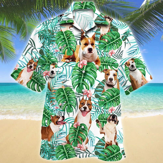 Awesome American Staffordshire Terrier Dog Tropical Plant Pattern Hawaiian Shirt, Hawaiian Shirt Gift, Christmas Gift