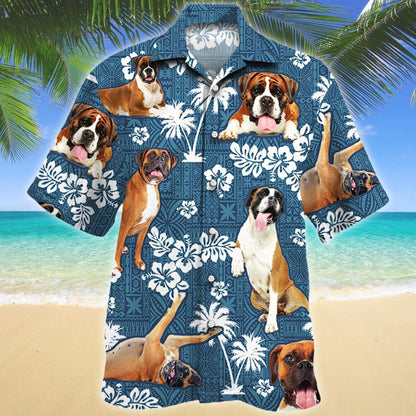 Home Alone Boxer Dog Blue Tribal Pattern Hawaiian Shirt, Hawaiian Shirt Gift, Christmas Gift