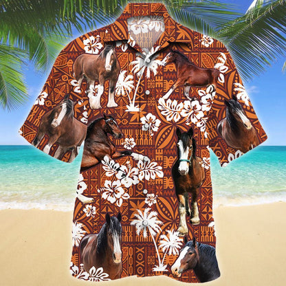Clydesdale Horse And Hibiscus On Red Tribal Pattern Hawaiian Shirt, Hawaiian Shirt Gift, Christmas Gift