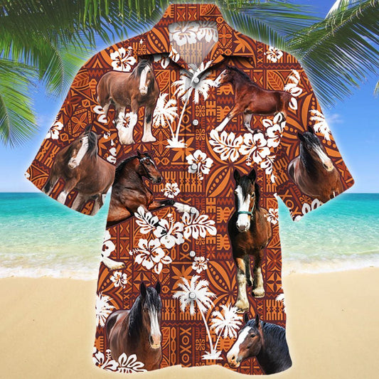 Clydesdale Horse And Hibiscus On Red Tribal Pattern Hawaiian Shirt, Hawaiian Shirt Gift, Christmas Gift