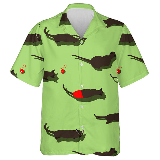 Black Oriental Cat On Green Background Hawaiian Shirt, Hawaiian For Gift