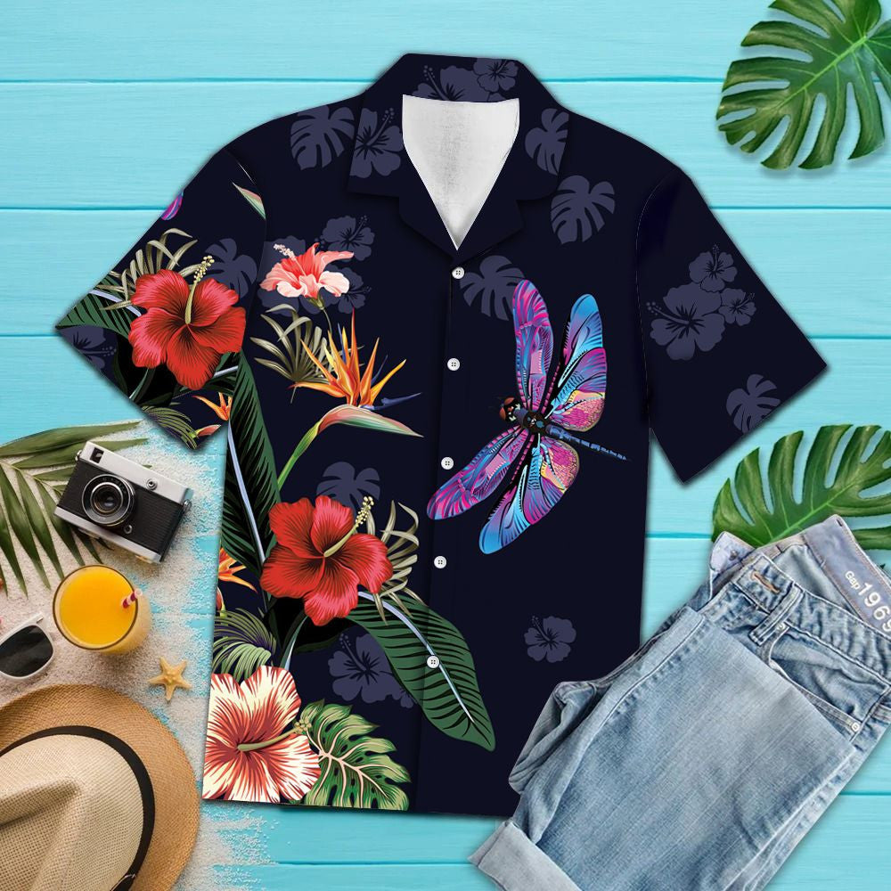 Vivid Tropical Flower Dragonfly On Dark Themed Pattern Hawaiian Shirt, Hawaiian Shirt Gift, Christmas Gift
