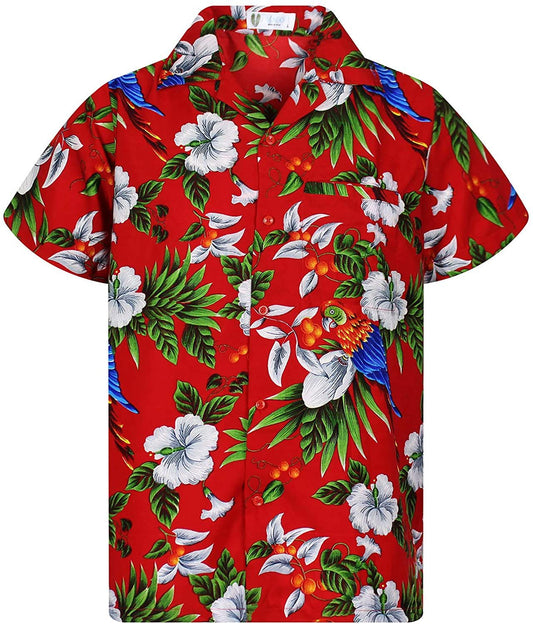Funky Hawaiian Shirt Men Short Sleeve Hawaiian Print Cherry Parrots Party Flowers, Hawaiian Shirt Gift, Christmas Gift
