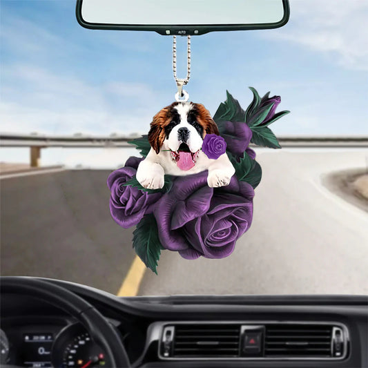 Saint Bernard In Purple Rose Car Hanging Ornament, Christmas Decoration