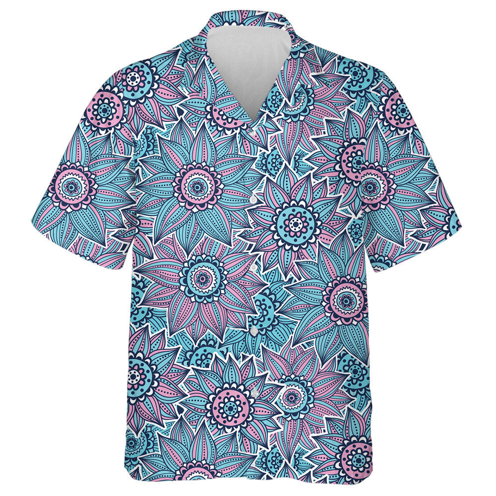 Hippie Style Sunflowers Outline Drawn In Turquoise And Pink Hawaiian Shirt, Hawaiian Shirt Gift, Christmas Gift