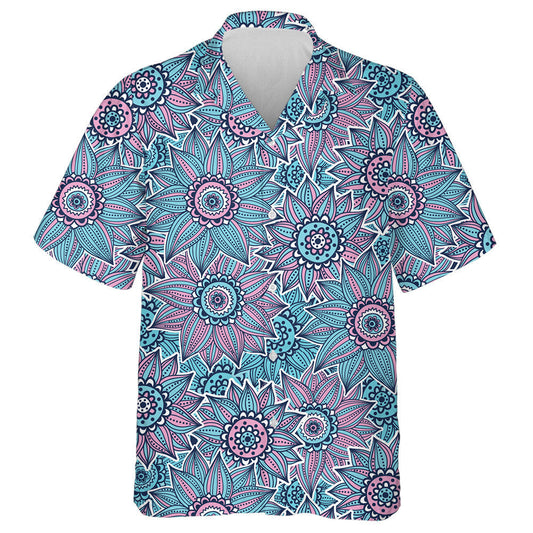 Hippie Style Sunflowers Outline Drawn In Turquoise And Pink Hawaiian Shirt, Hawaiian Shirt Gift, Christmas Gift