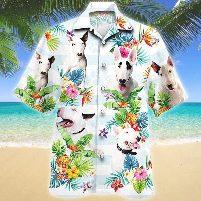 Cute Bull Terrier Dog Tropical Flower Pattern Hawaiian Shirt, Hawaiian Shirt Gift, Christmas Gift