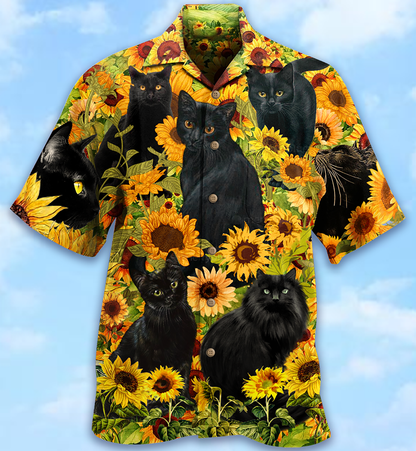 Black Cat Love Sunflower - Hawaiian Shirt, Hawaiian Shirt Gift, Christmas Gift