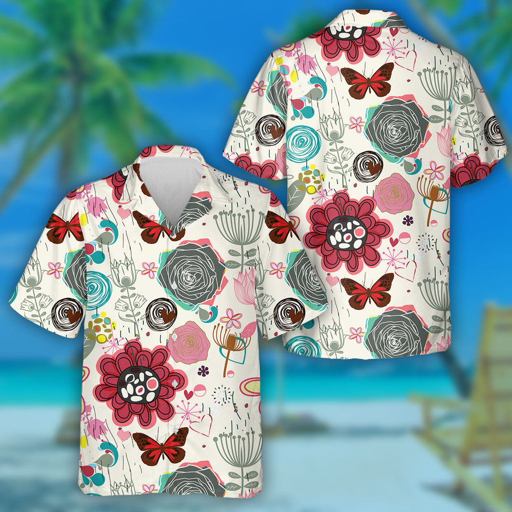 Theme Tropical Floral And Butterfly In Retro Style Hawaiian Shirt, Hawaiian Shirt Gift, Christmas Gift