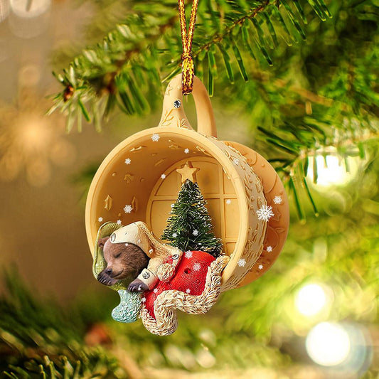 Bear Sleeping in a tiny cup Christmas Holiday-Two Sided Christmas Plastic Hanging Ornament, Christmas Ornament Gift, Christmas Gift, Christmas Decoration