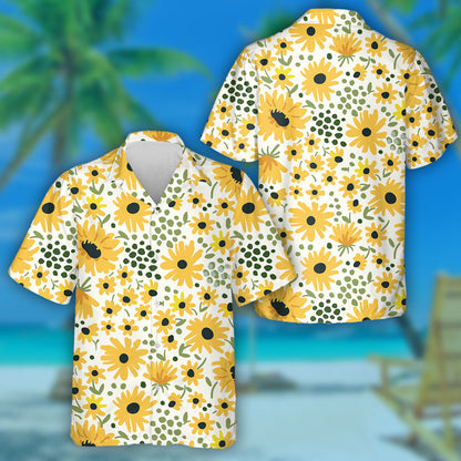 Green Dot And Sunflower Illustration On White Background Hawaiian Shirt, Hawaiian Shirt Gift, Christmas Gift