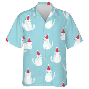 Ute White Cat In Red Christmas Hat On Blue Hawaiian Shirt, Hawaiian Shirt Gift, Christmas Gift