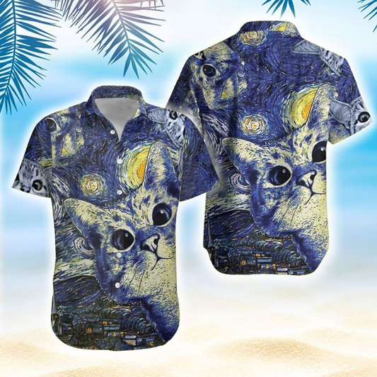 For Men And Women, The Starry Night Cats Hawaiian Shirt  Crazy Funny Hawaiian Shirt  Painting Art Vintage Hawaiian Shirt, Hawaiian Shirt Gift, Christmas Gift