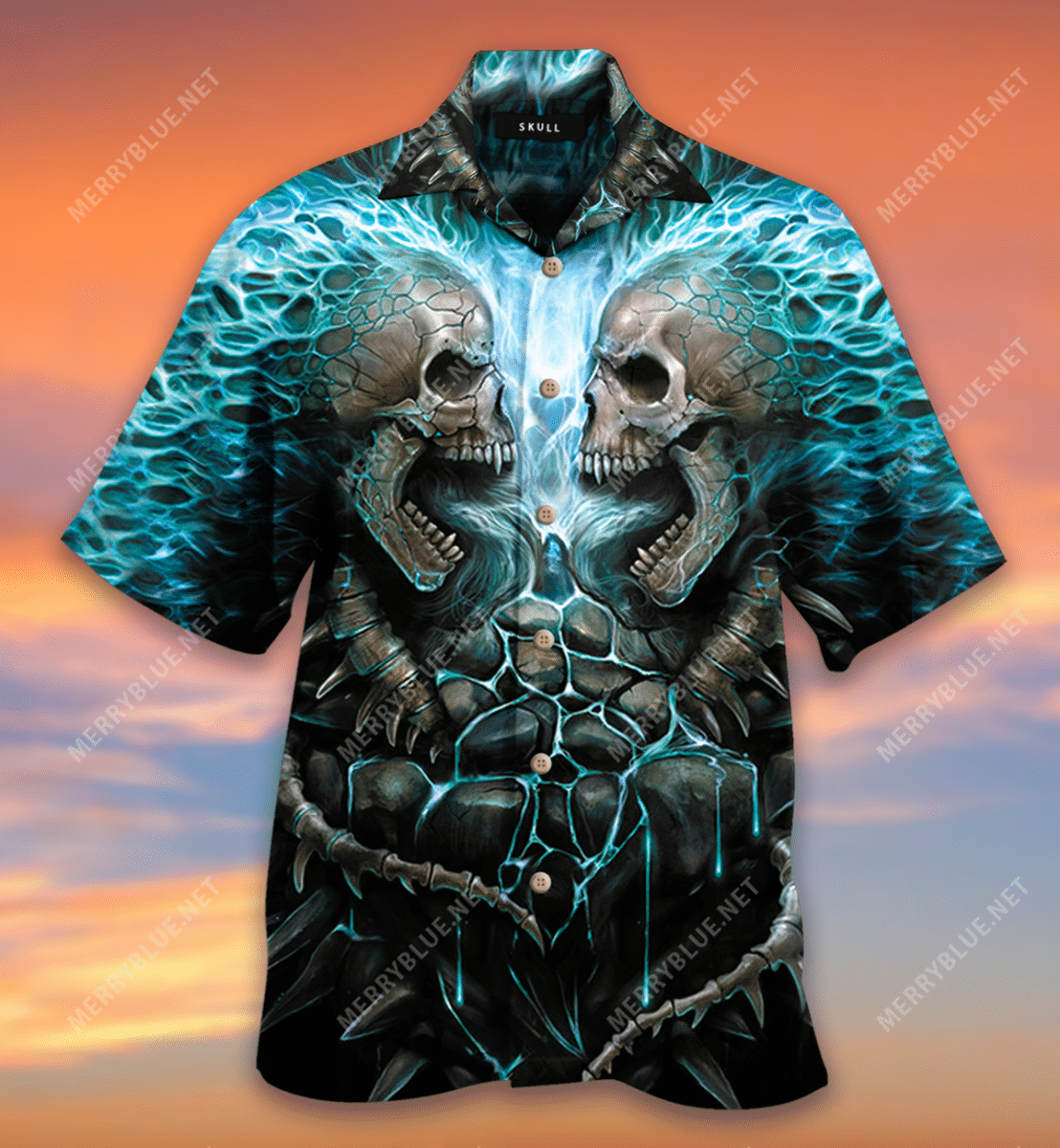 Blue Flaming Skull Hawaiian Aloha Shirt Hawaiian Shorts Beach Short Sleeve, Hawaiian Shirt Gift, Christmas Gift