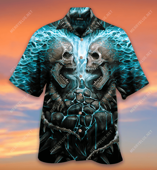 Blue Flaming Skull Hawaiian Aloha Shirt Hawaiian Shorts Beach Short Sleeve, Hawaiian Shirt Gift, Christmas Gift