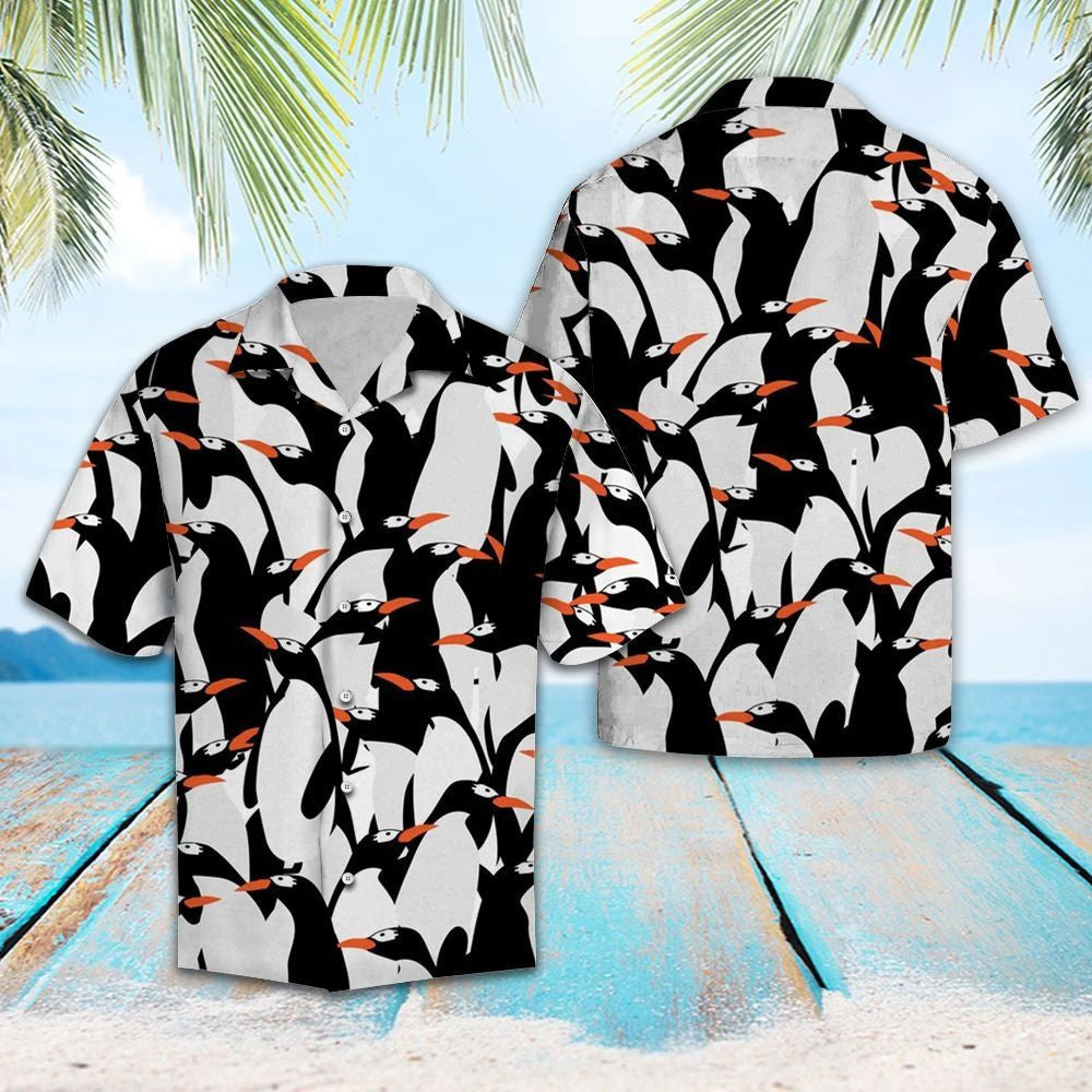 Cartoon Cute Black And White Penguin Group Pattern Hawaiian Shirt, Hawaiian Shirt Gift, Christmas Gift