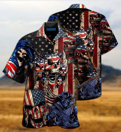 America Skull With Guns Old Us Flag Design Hawaiian Shirt, Hawaiian Shirt Gift, Christmas Gift
