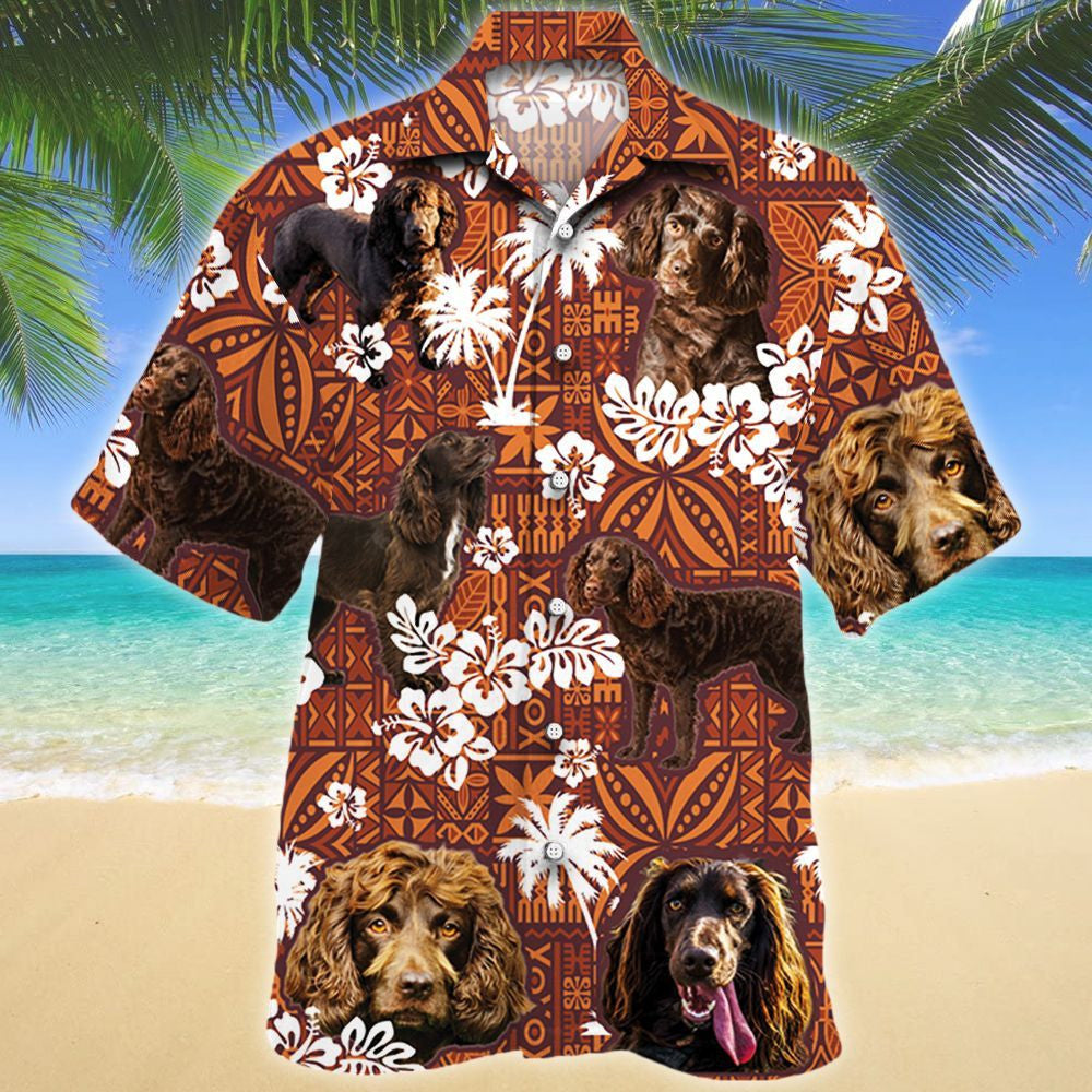 Playful Boykin Spaniel Dog On Red Tribal Pattern Hawaiian Shirt, Hawaiian Shirt Gift, Christmas Gift