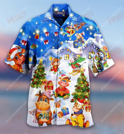 Happy Bulls Merry Christmas Short Short Sleeve Shirt Summer Hawaiian T Shirts Tactical Hawaiian Shirt Hawaiian Shirts For Men, Hawaiian Shirt Gift, Christmas Gift