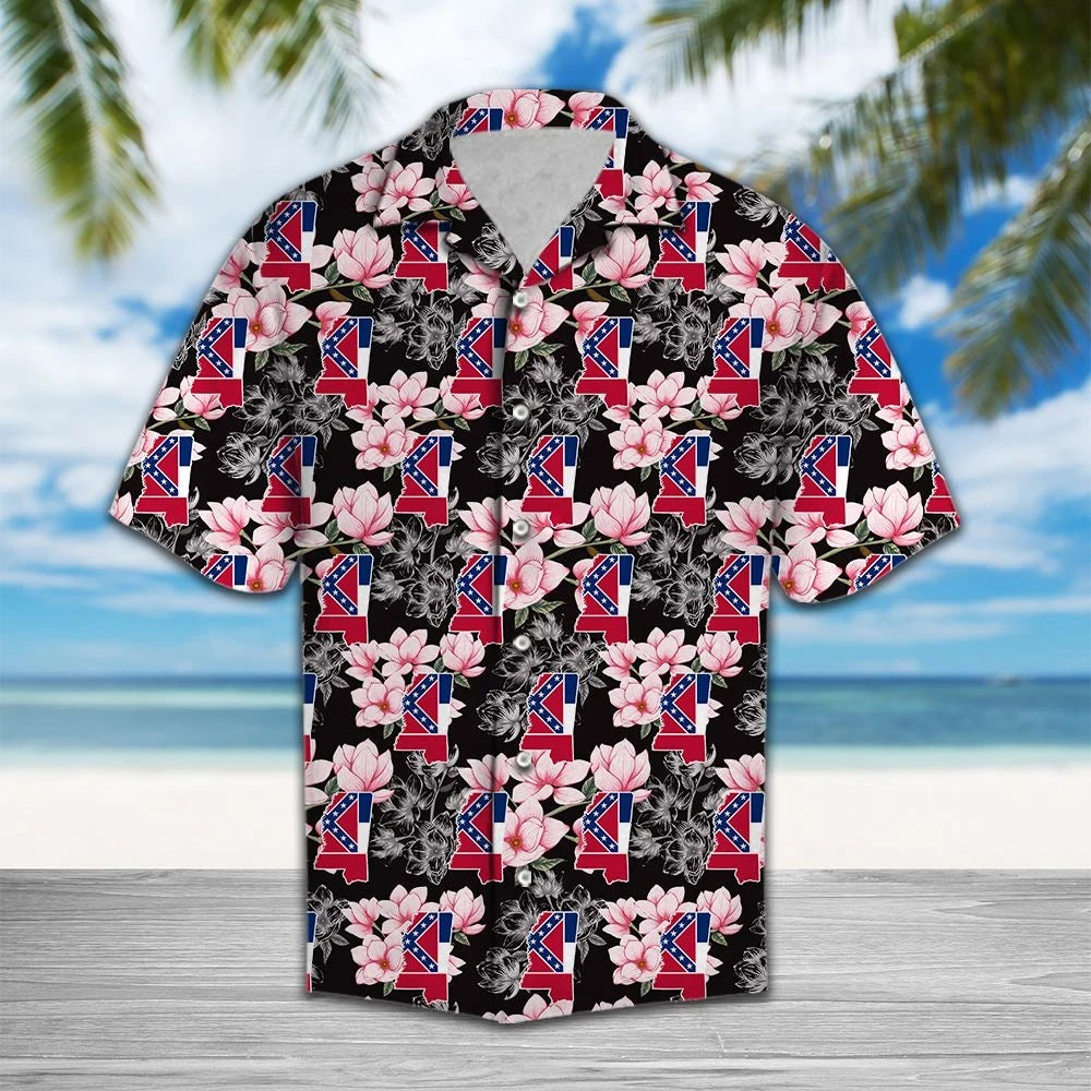 Classic Flag Of Mississippi Magnolia Flower On Black Pattern Hawaiian Shirt, Hawaiian Shirt Gift, Christmas Gift