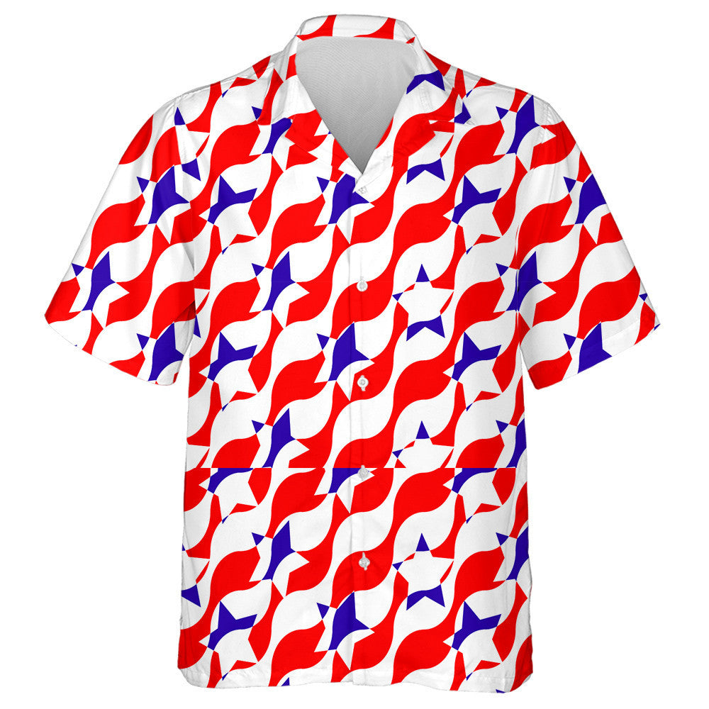 Illusion Pattern Of Red Wavy Stripes With Blue Stars Hawaiian Shirt, Hawaiian Shirt Gift, Christmas Gift