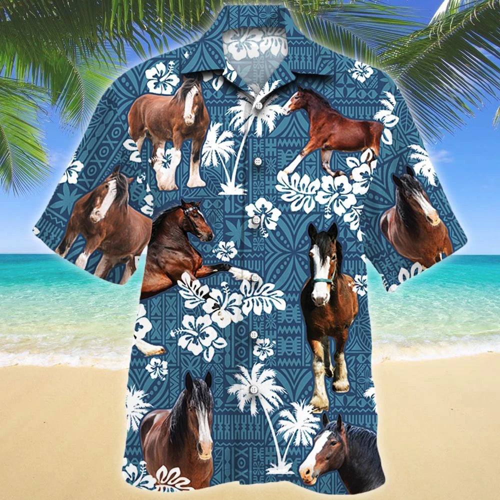 Clydesdale Horse And Hibiscus On Blue Tribal Pattern Hawaiian Shirt, Hawaiian Shirt Gift, Christmas Gift