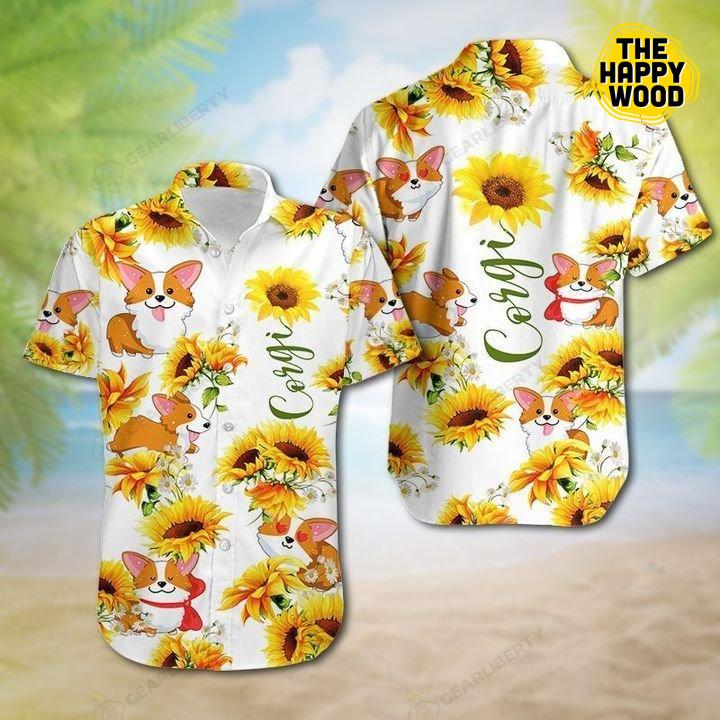 Corgi Sunflower 3D Hawaiian Hawaii Shirt, Hawaiian Shirt Gift, Christmas Gift