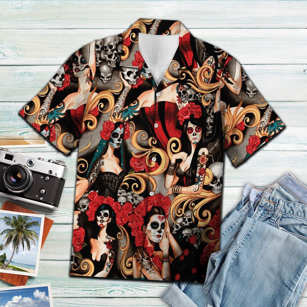 Sexy Girls Day Of The Dead Doodle Art Pattern Hawaiian Shirt, Hawaiian Shirt Gift, Christmas Gift