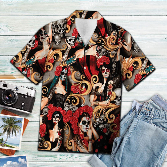 Sexy Girls Day Of The Dead Doodle Art Pattern Hawaiian Shirt, Hawaiian Shirt Gift, Christmas Gift