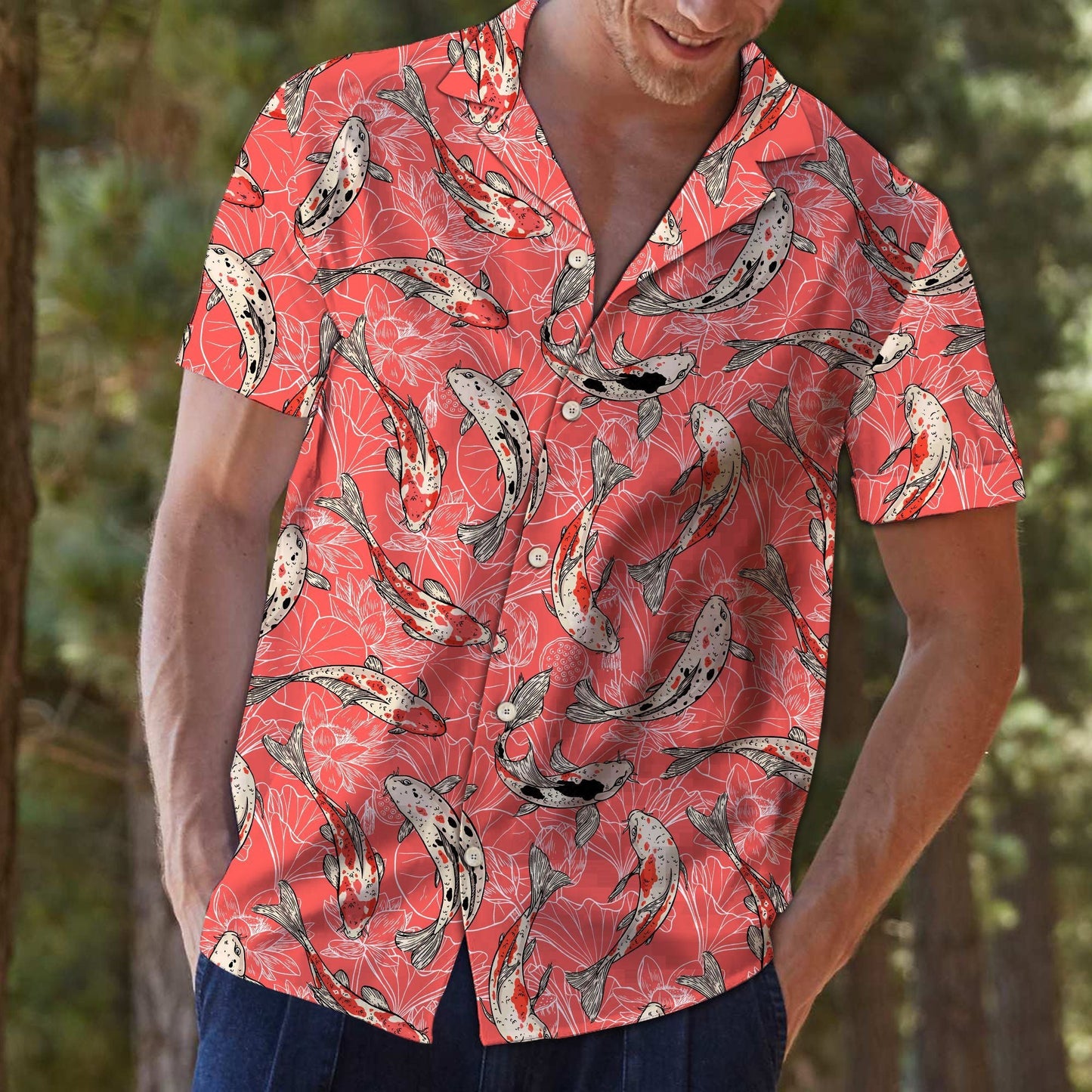 Koi Fish Hand Drawn Flowers In Coral Hawaiian Shirt, Hawaiian Shirt Gift, Christmas Gift