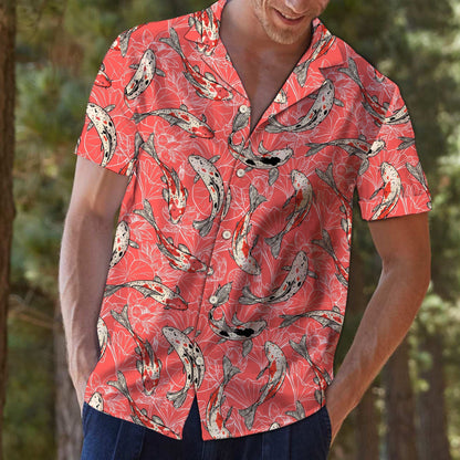 Koi Fish Hand Drawn Flowers In Coral Hawaiian Shirt, Hawaiian Shirt Gift, Christmas Gift