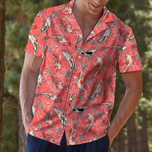 Koi Fish Hand Drawn Flowers In Coral Hawaiian Shirt, Hawaiian Shirt Gift, Christmas Gift