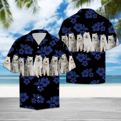 Cute Samoyed Dogs With Blue Hibiscus In Black Hawaiian Shirt, Hawaiian Shirt Gift, Christmas Gift