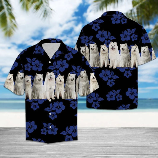 Cute Samoyed Dogs With Blue Hibiscus In Black Hawaiian Shirt, Hawaiian Shirt Gift, Christmas Gift