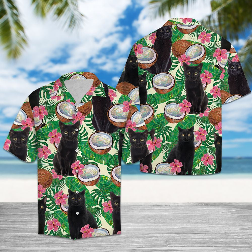 Black Cat Tropical Coconut Monstera Leaves Pattern Hawaiian Shirt, Hawaiian Shirt Gift, Christmas Gift