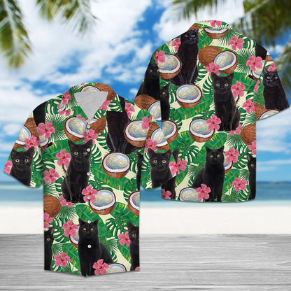 Black Cat Tropical Coconut Monstera Leaves Pattern Hawaiian Shirt, Hawaiian Shirt Gift, Christmas Gift