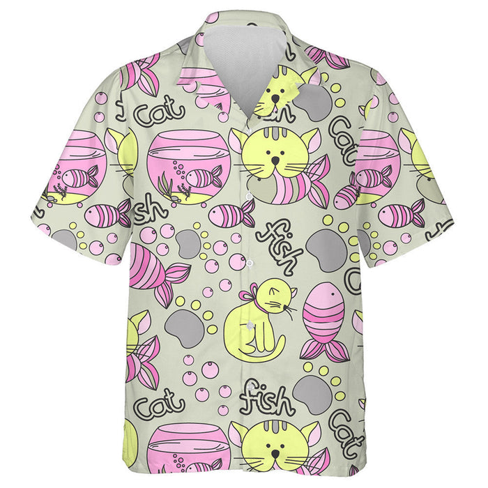 Yellow Cat And Fish With Paw On Grey Hawaiian Shirt, Hawaiian Shirt Gift, Christmas Gift