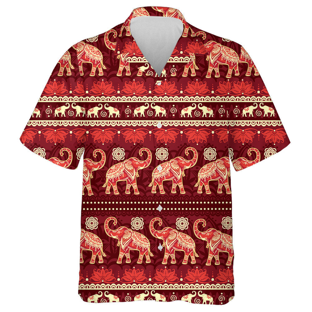 Indian Ethnic Elephant And Flower On Red Background Hawaiian Shirt, Hawaiian Shirt Gift, Christmas Gift