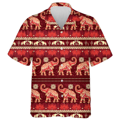 Indian Ethnic Elephant And Flower On Red Background Hawaiian Shirt, Hawaiian Shirt Gift, Christmas Gift