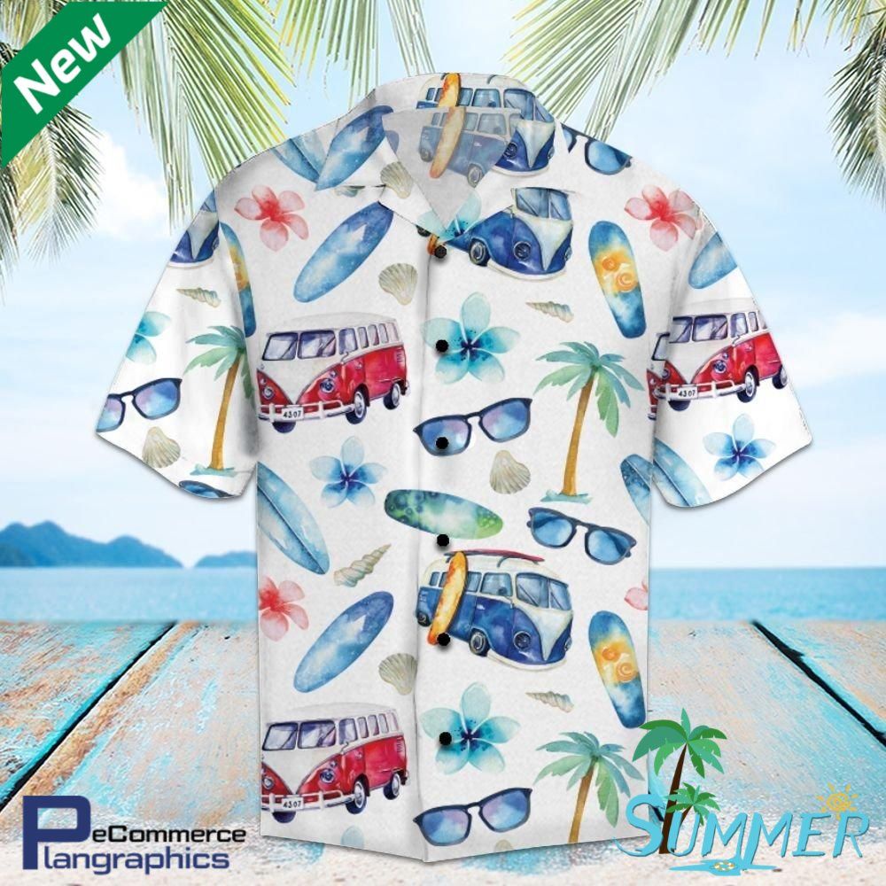 Hippie Bus Aop Hawaiian Aloha Shirt Hawaiian Shorts Beach Short Shirt, Hawaiian Shirt Gift, Christmas Gift